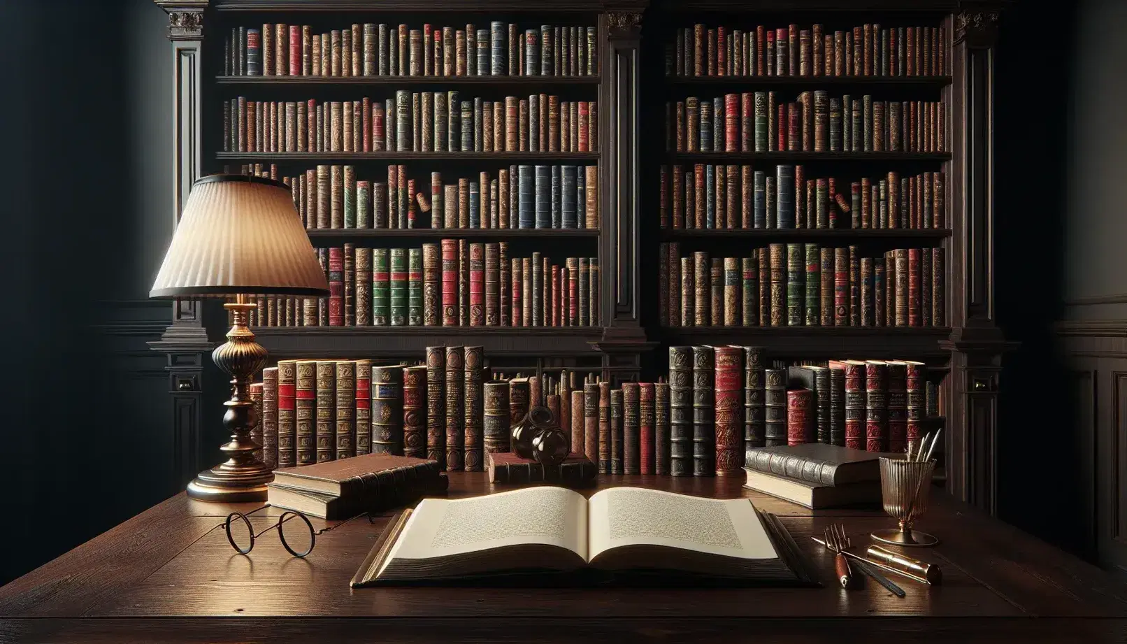 Biblioteca clásica con estanterías de madera oscura llenas de libros, mesa con libro abierto, gafas y lámpara, y escalera de madera al fondo.