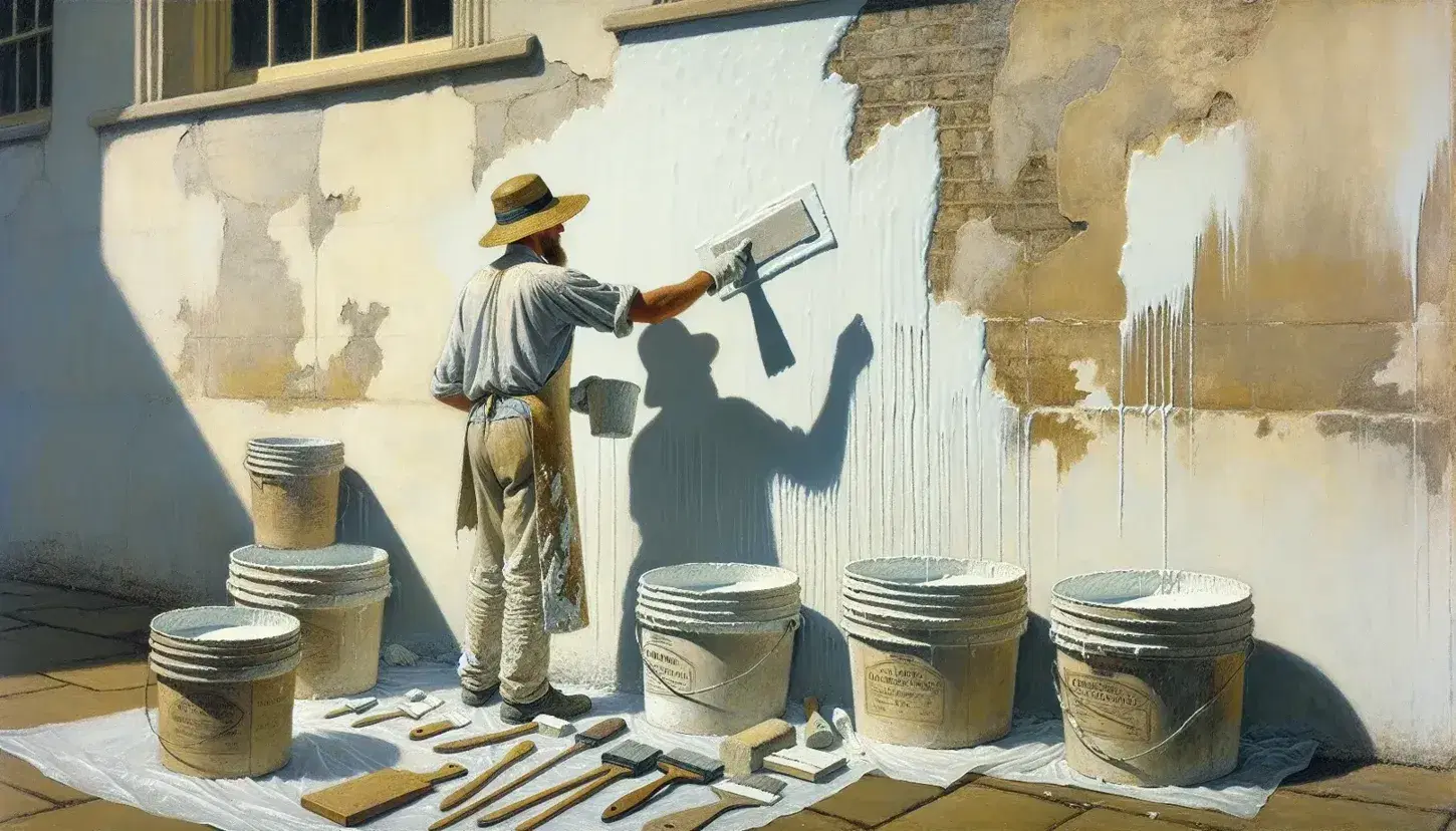Artigiano applica calce su parete esterna di edificio storico, con attrezzi e secchi intorno, riflettendo la luce del sole.