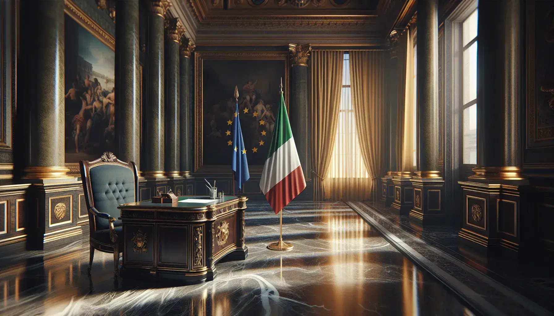 Ufficio solenne con scrivania in legno scuro, sedia imbottita blu, bandiere italiana ed europea, pavimento in marmo e quadri dorati.