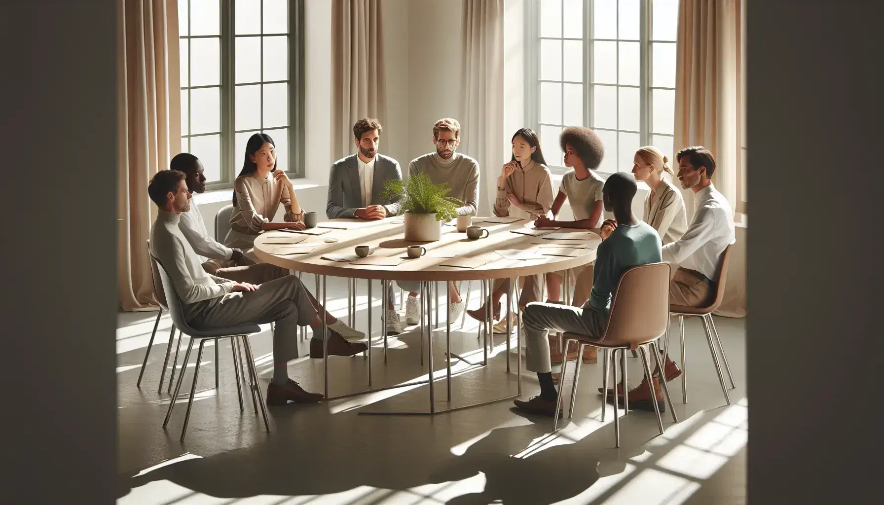 Grupo diverso de profesionales en reunión alrededor de una mesa redonda con plantas y tazas de café, en una sala iluminada por luz natural.