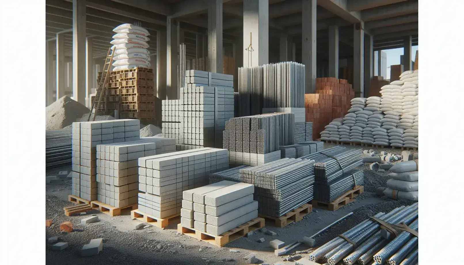 Materiales de construcción apilados ordenadamente con bloques de concreto gris, barras de acero, bolsas de cemento y ladrillos rojos bajo un cielo despejado.