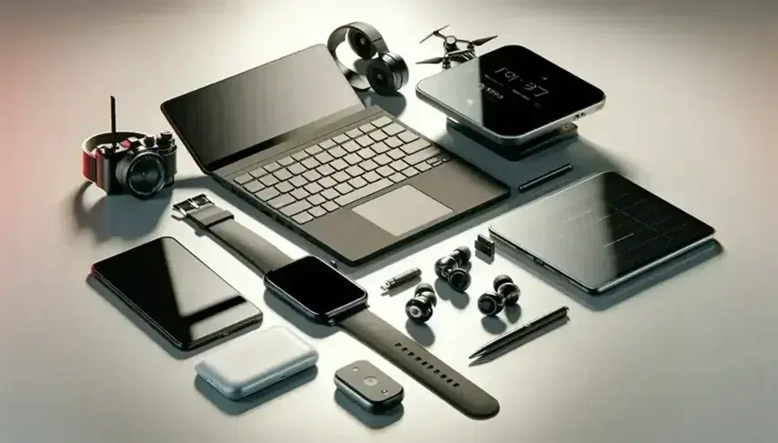 Dispositivos tecnológicos modernos sobre superficie clara incluyendo smartphone, laptop, tablet, smartwatch y auriculares inalámbricos junto a un dron.