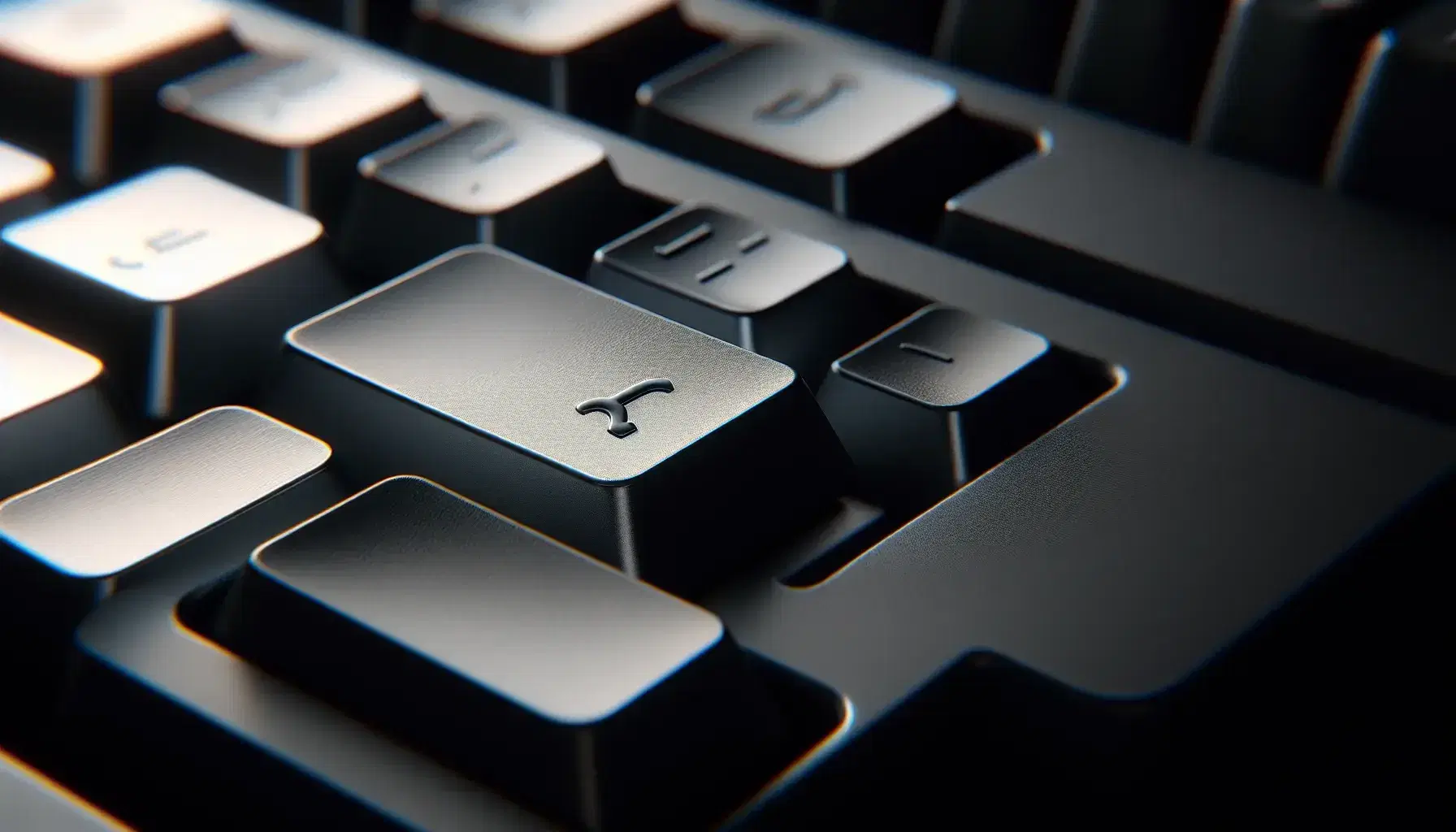 Teclado de computadora en primer plano con tecla de tilde resaltada, superficies mate y juego de luces y sombras que aportan profundidad.