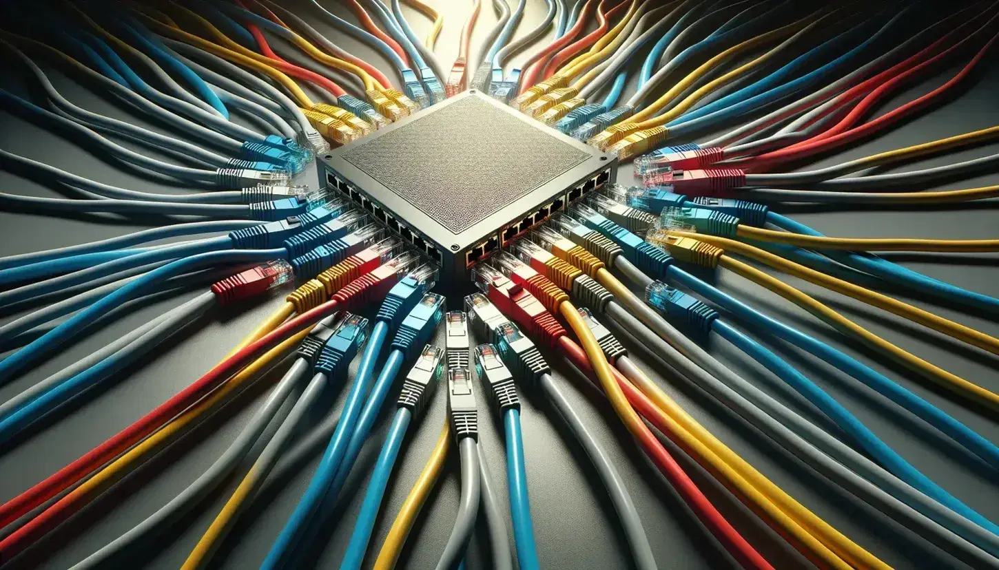 Cavi Ethernet colorati collegati a uno switch di rete grigio, evidenziando la connettività e la complessità di una rete di comunicazione.