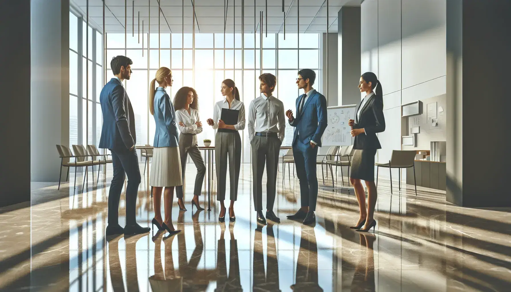 Grupo diverso de profesionales en conversación en una oficina moderna y luminosa con ventana grande y mobiliario de oficina.