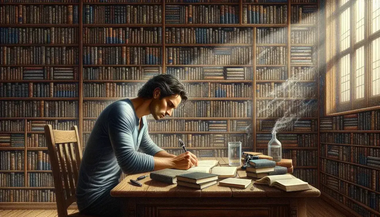 Man engrossed in writing at a wooden desk, surrounded by bookshelves, with a notebook, fountain pen, and glass of water, in a well-lit room.