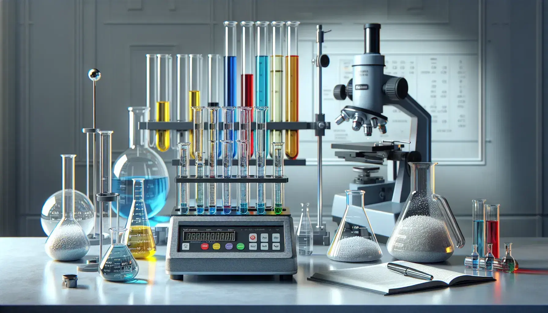 Laboratorio científico con tubos de ensayo de colores, matraz Erlenmeyer, balanza analítica y microscopio compuesto bajo iluminación brillante.