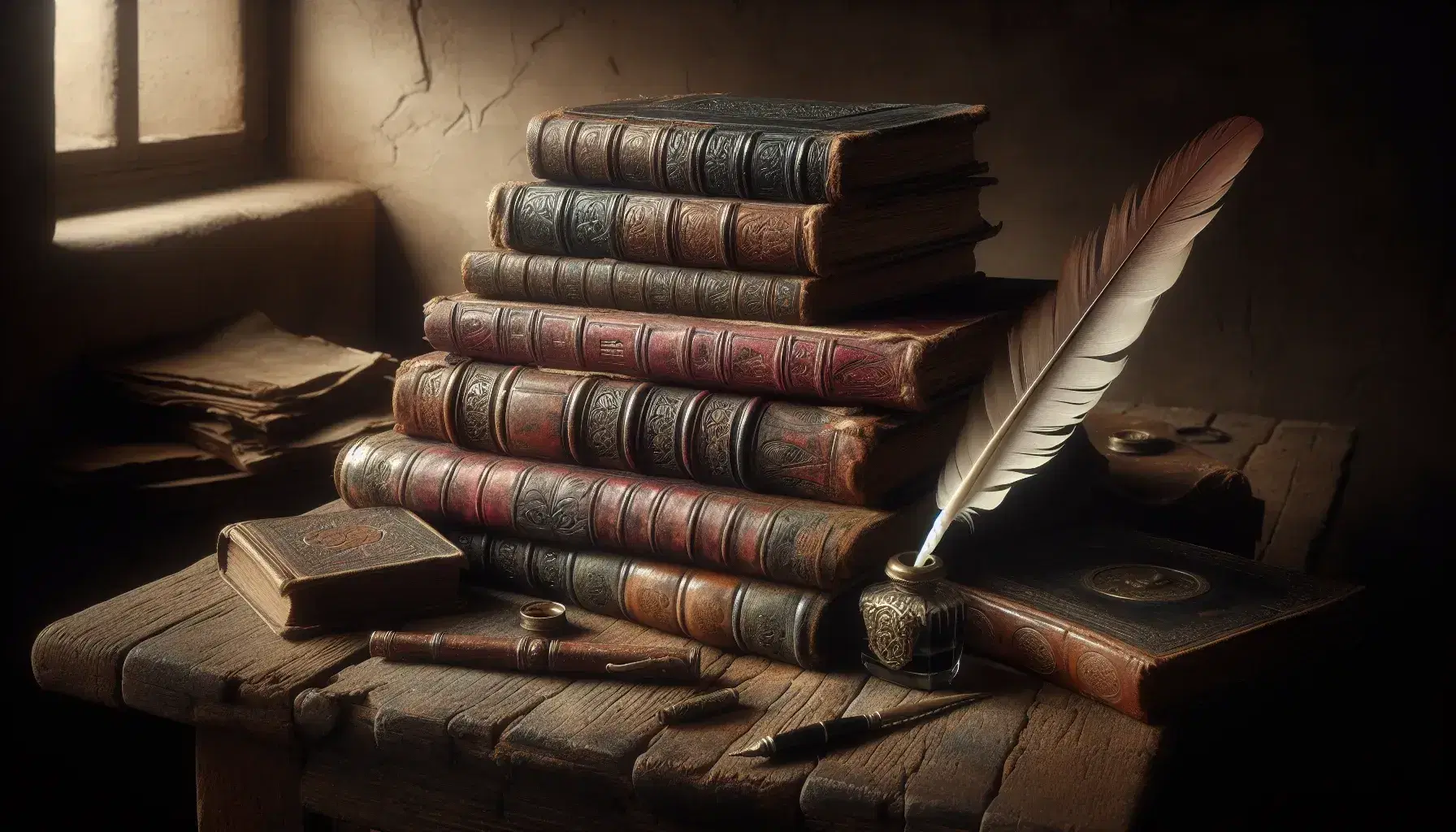 Messy stack of antique leather-bound books on dark wooden table, next to brass inkwell and quill pen, in room with adobe walls.
