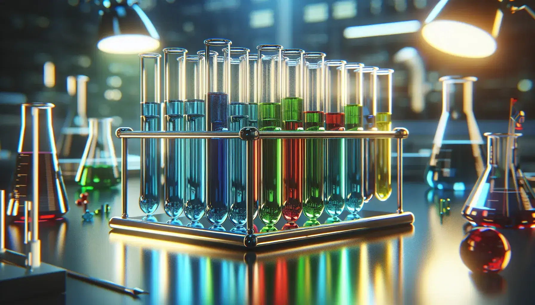 Area di lavoro di laboratorio scientifico con provette in vetro contenenti liquidi colorati in ordine ascendente su supporto metallico, sfondo sfocato.
