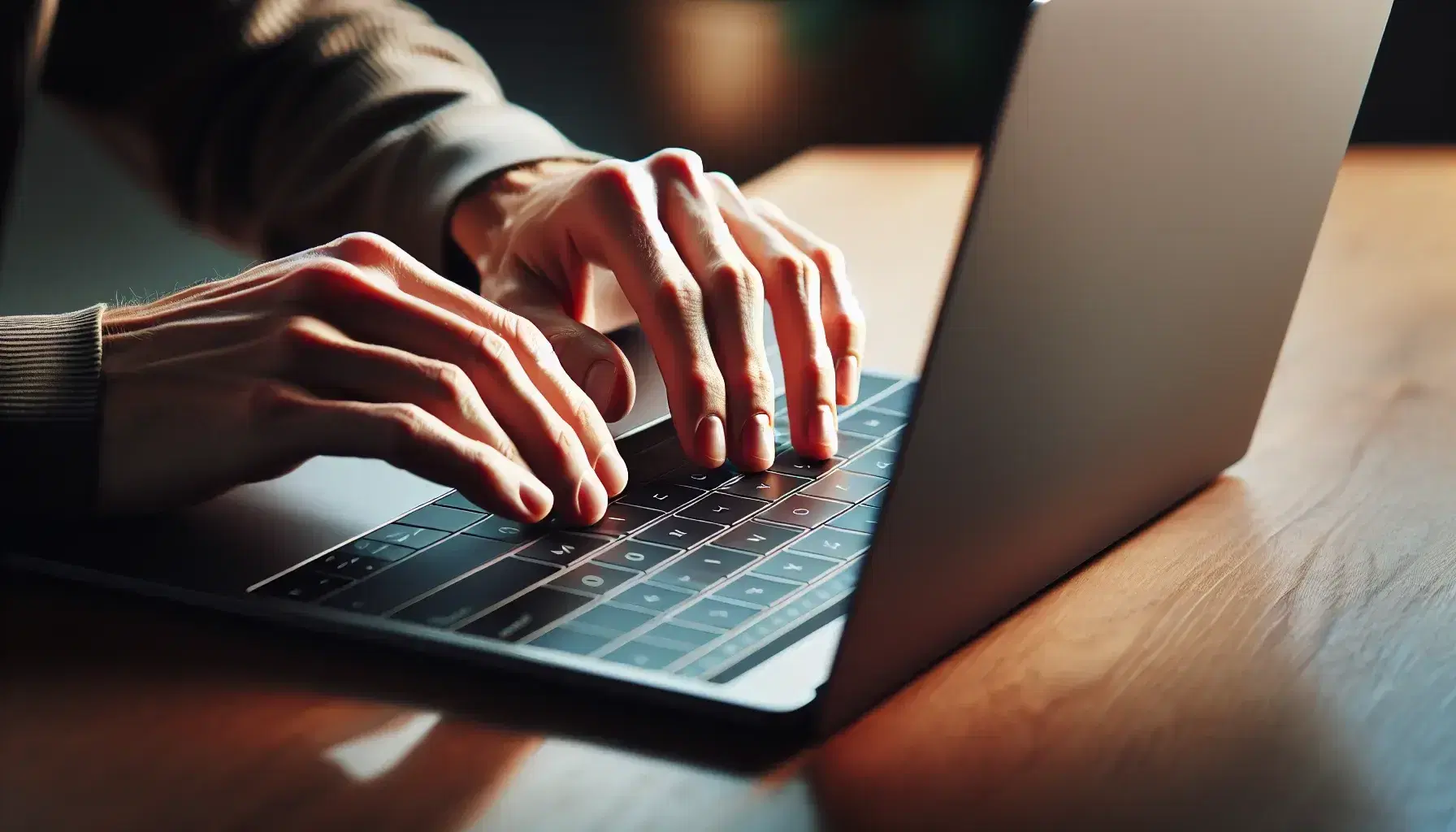 Hands of a person typing on a laptop keyboard placed on a wooden desk, with fingers in the correct position for typing.