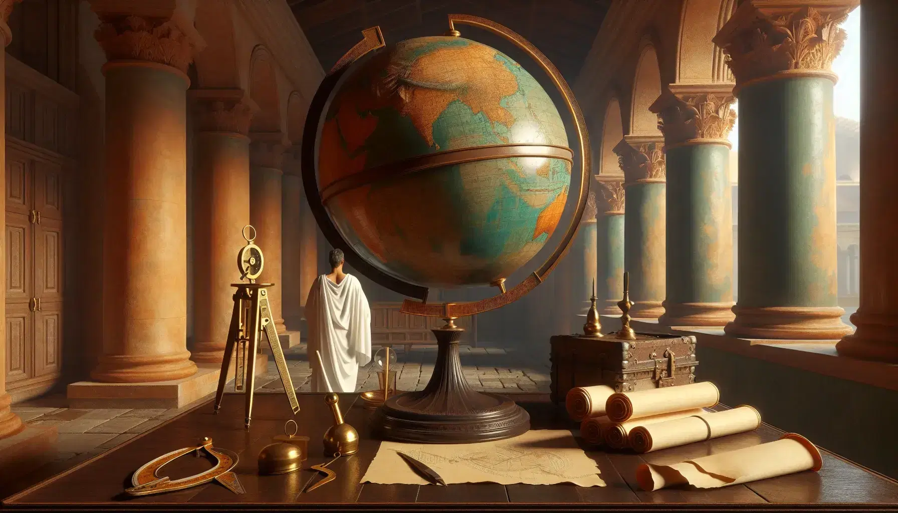 Biblioteca romana antica con uomo in toga che studia un mappamondo, strumenti di misurazione in ottone su tavolo e rotoli di pergamena.