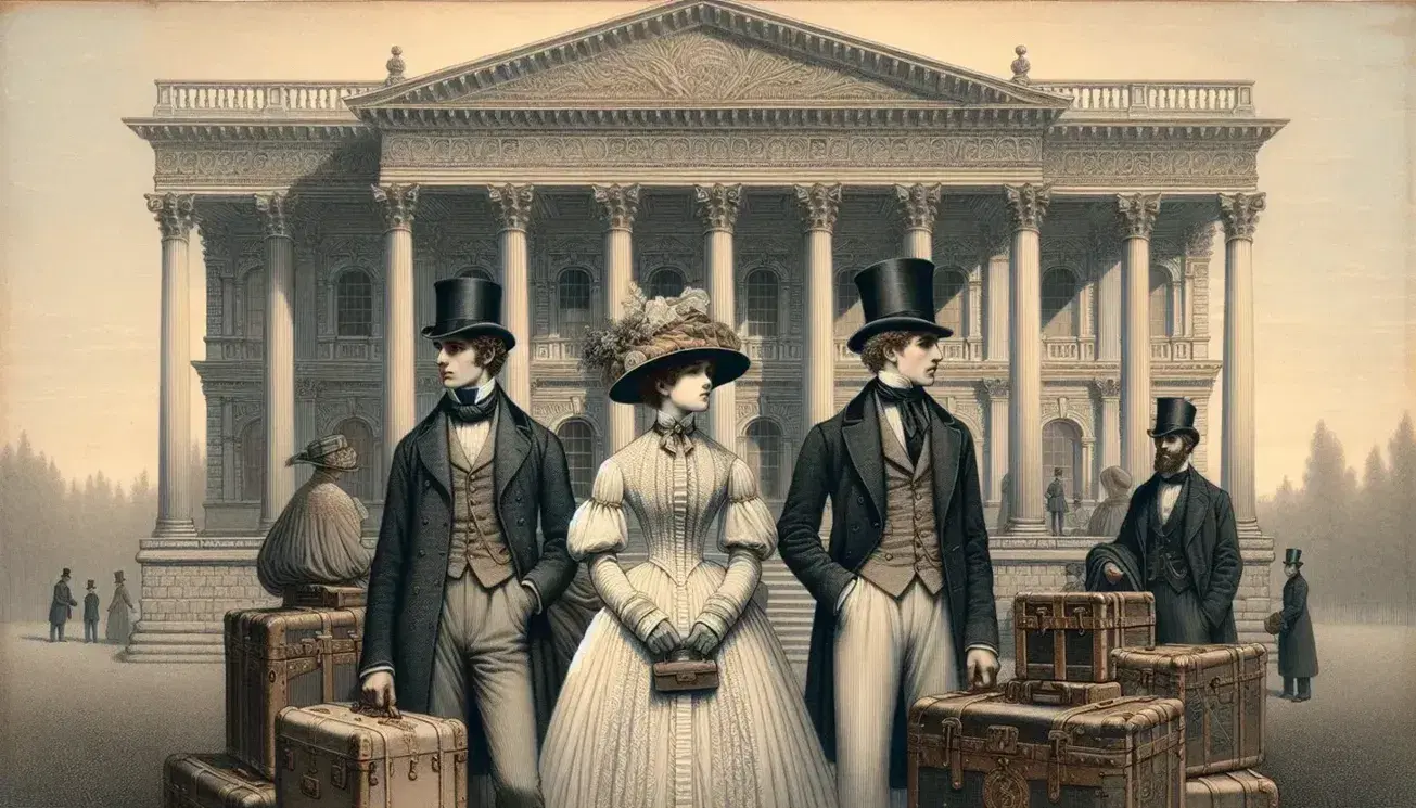 Grupo de tres personas en atuendos victorianos frente a edificio neoclásico, con maletas vintage en primer plano, destacando elegancia y estilo histórico.