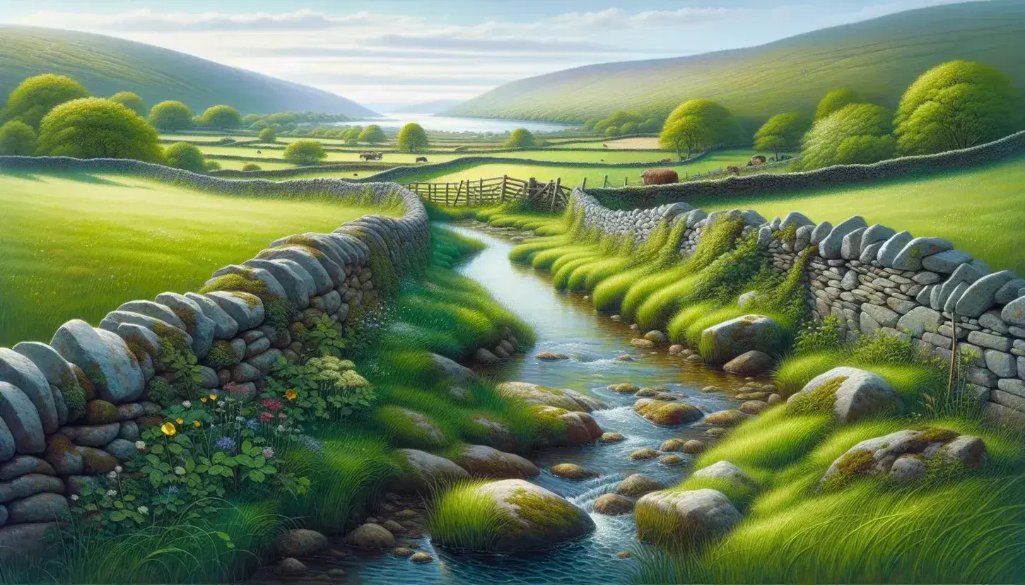 Serene Irish countryside with a green field, dry stone wall, meandering stream, colorful wildflowers, rolling hills, and a cloud-dotted sky.