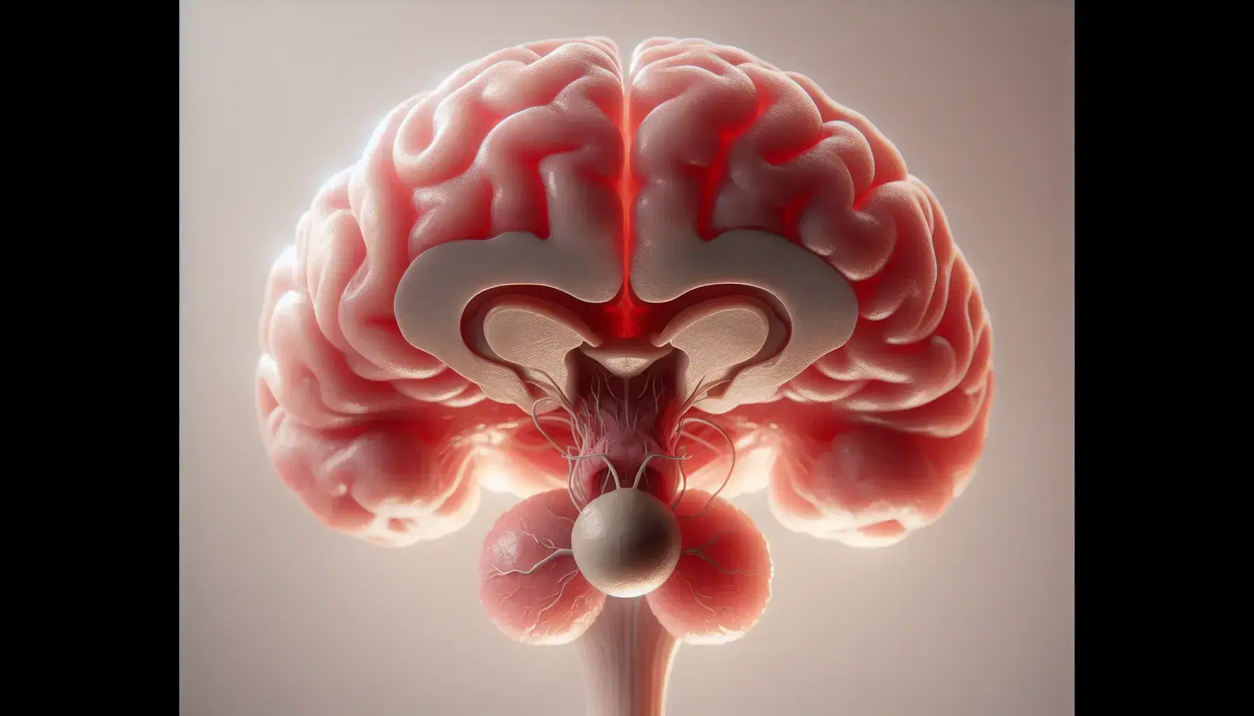 Representación anatómica tridimensional del cerebro humano enfocando el hipotálamo en tono oscuro y la glándula pituitaria en tono claro, con iluminación suave y fondo neutro.