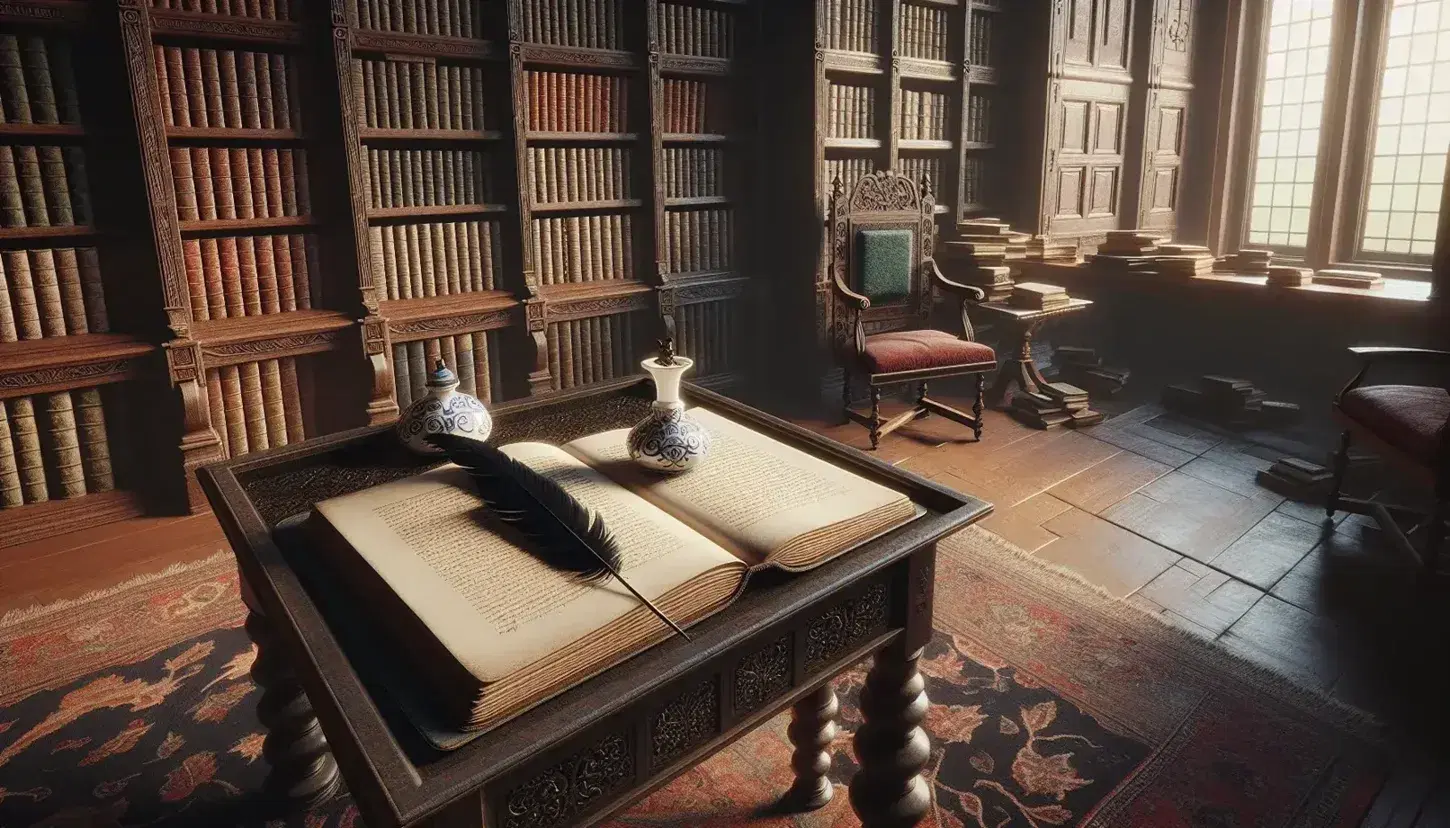 Biblioteca antigua con mesa de madera oscura y libro abierto, pluma negra en tintero de porcelana, estantería repleta de libros y silla con cojín rojo bajo luz cálida.