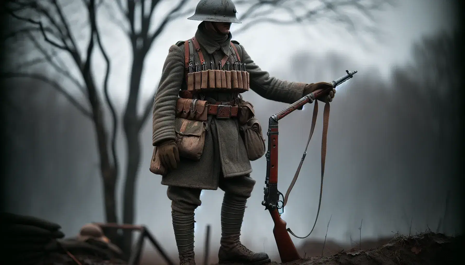 Soldato in uniforme militare italiana della Prima Guerra Mondiale con elmetto, fucile con baionetta e tracolla di cuoio, su sfondo di campo di battaglia.