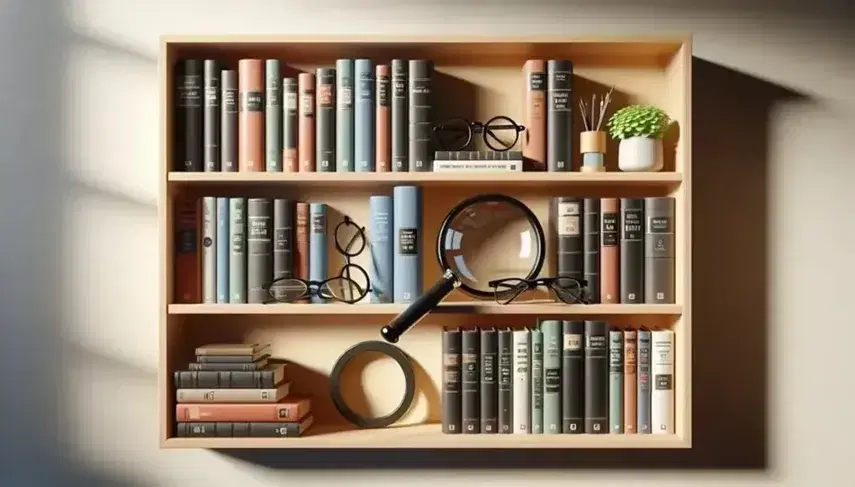 Estantería de madera con libros de tapa dura en colores variados, lupa con mango negro y gafas con marco negro, junto a una planta pequeña en maceta blanca.