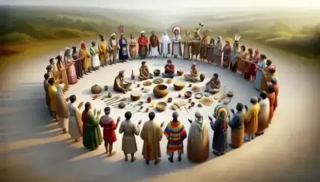 Circle of people in colorful traditional clothing dancing or dining together, with joined hands and drum, surrounded by cultural artifacts.