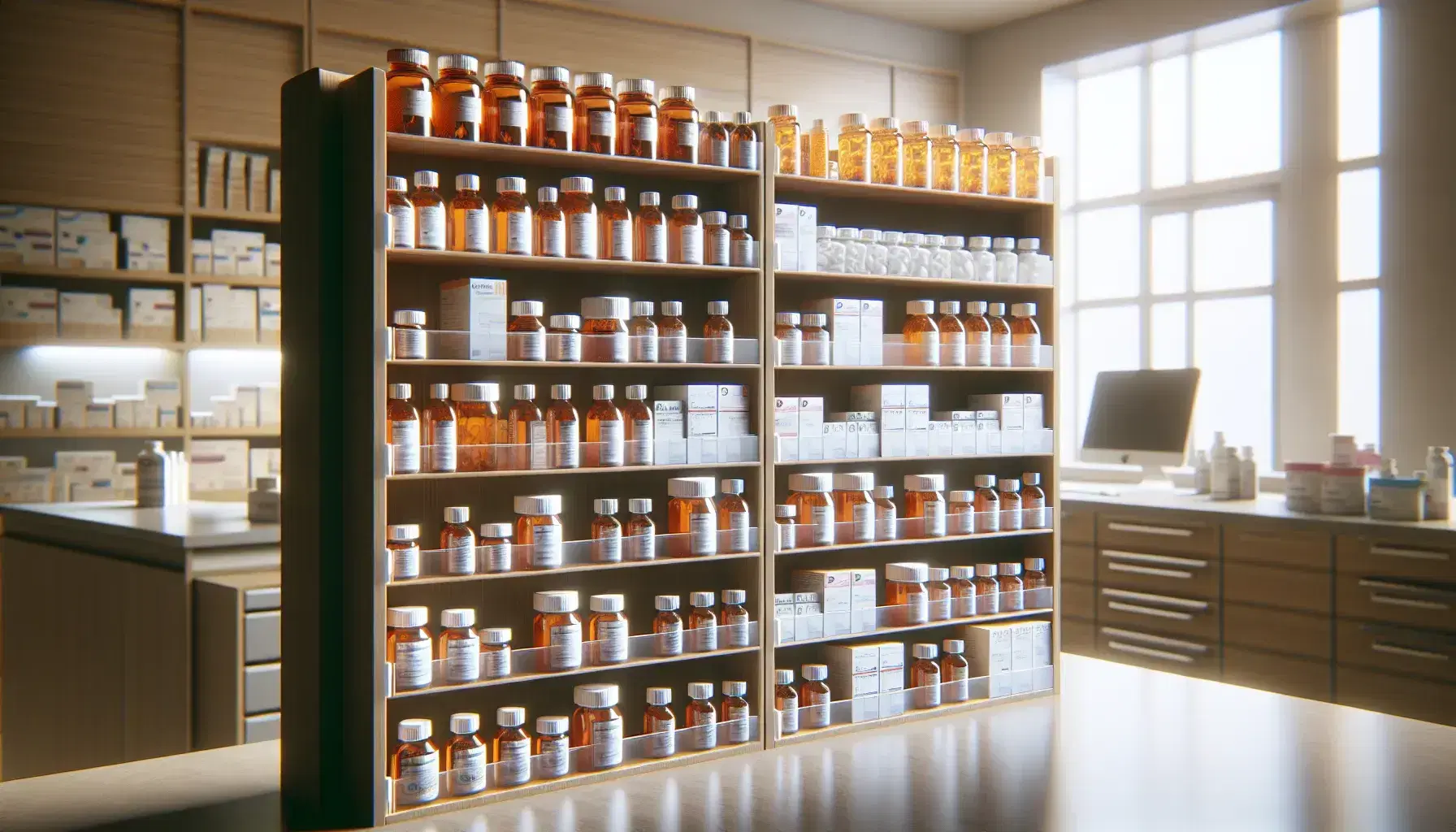 Wooden shelf in pharmacy with orange and transparent glass medicine bottles, white childproof caps, soft lighting.
