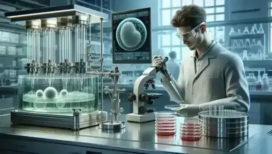 Scientist pipetting liquid into petri dishes on a lab bench with a bioreactor and colorful flasks in the background, showcasing biotech research.