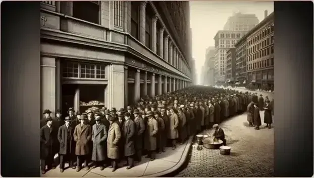 1930s street scene during the Great Depression with men in period clothing in front of a closed bank and people lining up for bread.