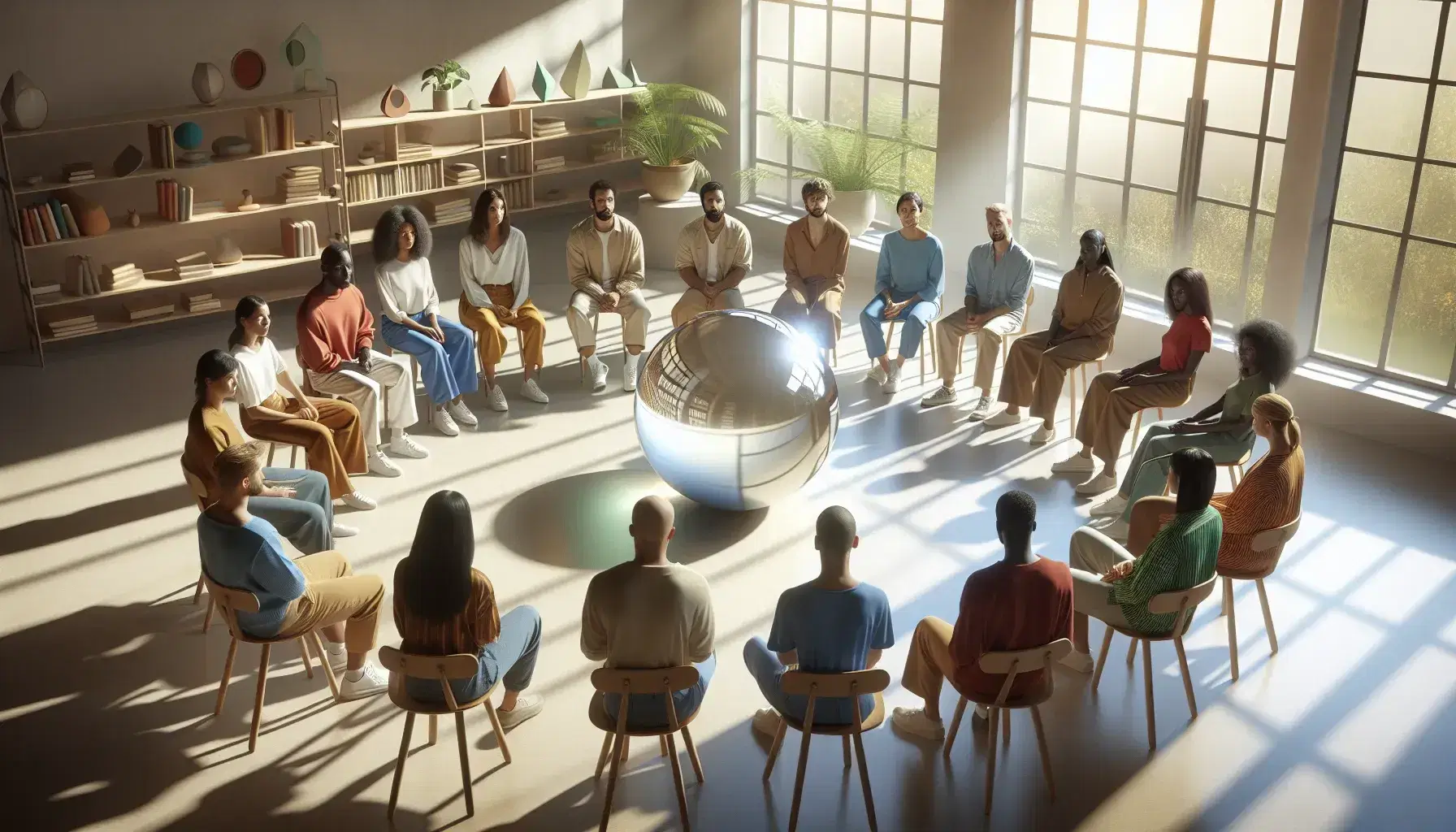 Grupo diverso de personas sentadas en círculo en una sala iluminada naturalmente, enfocadas en una esfera reflectante en el centro.