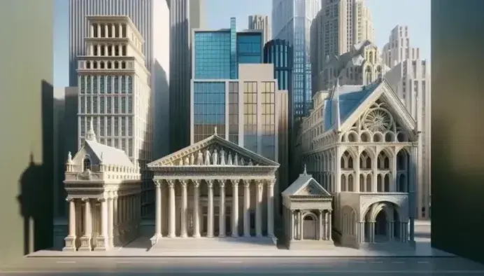 Vista de edificios históricos a modernos, con columnas dóricas, arcos góticos, rascacielos de vidrio y acero y construcción contemporánea orgánica.