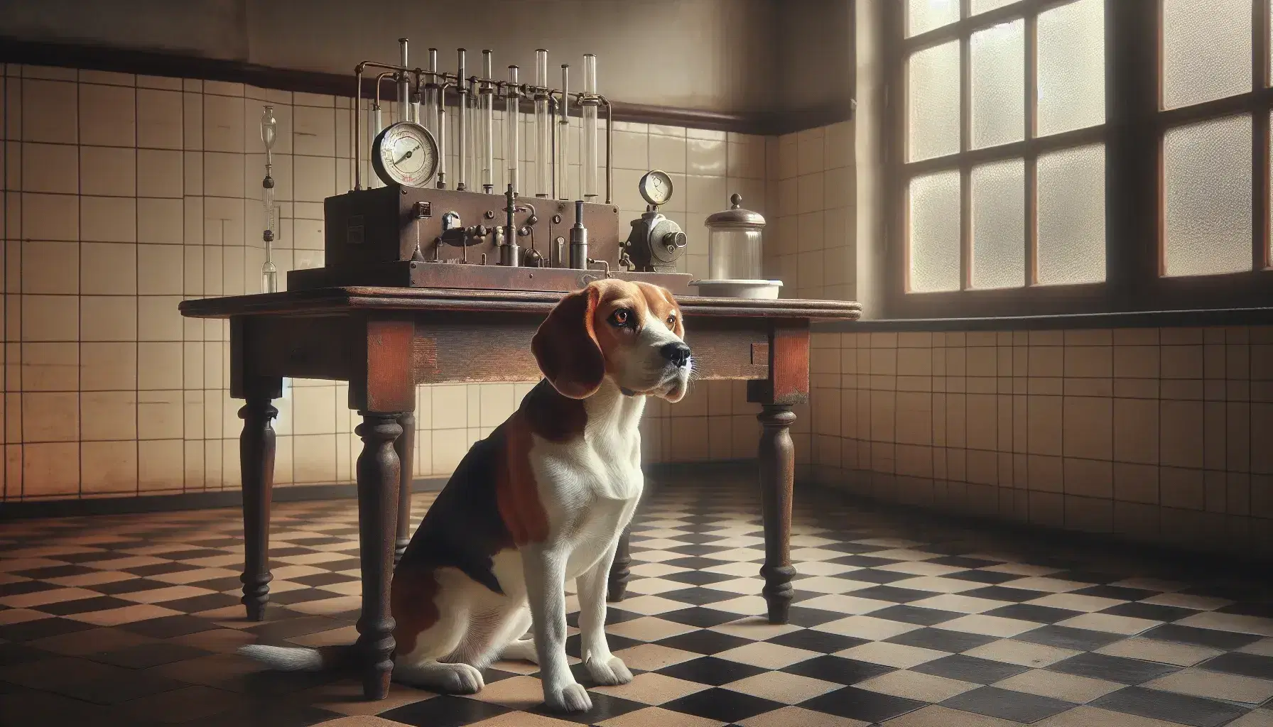 Perro Beagle sentado en laboratorio antiguo con suelo de baldosas ajedrezadas, mirando equipo metálico de medición, mesa de madera y ventana iluminada.
