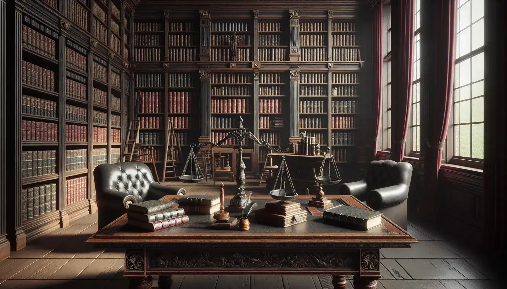 Biblioteca clásica con estanterías de madera oscura llenas de libros encuadernados en cuero, mesa con balanza de bronce, pluma y mazo, y ventana con cortinas rojas.