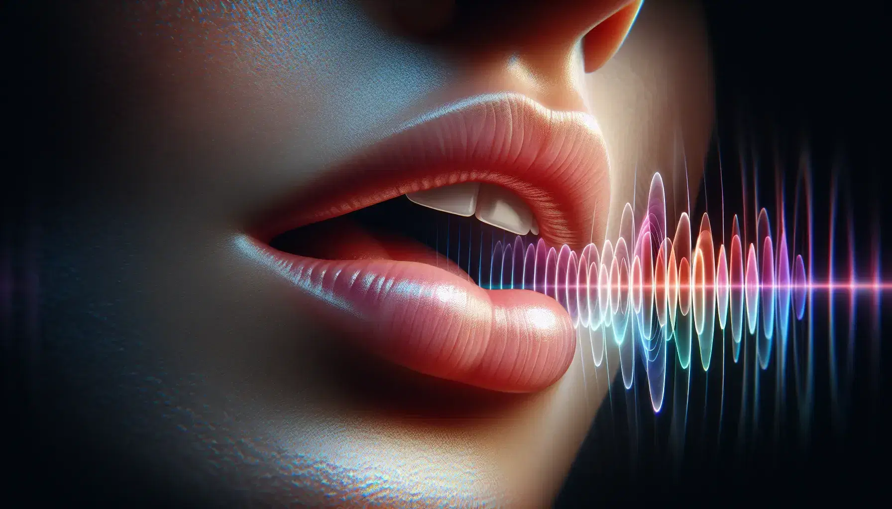 Close-up profile view of a human mouth with lips parted, teeth visible, and tongue touching upper teeth, set against a backdrop of colorful sound wave graphics.