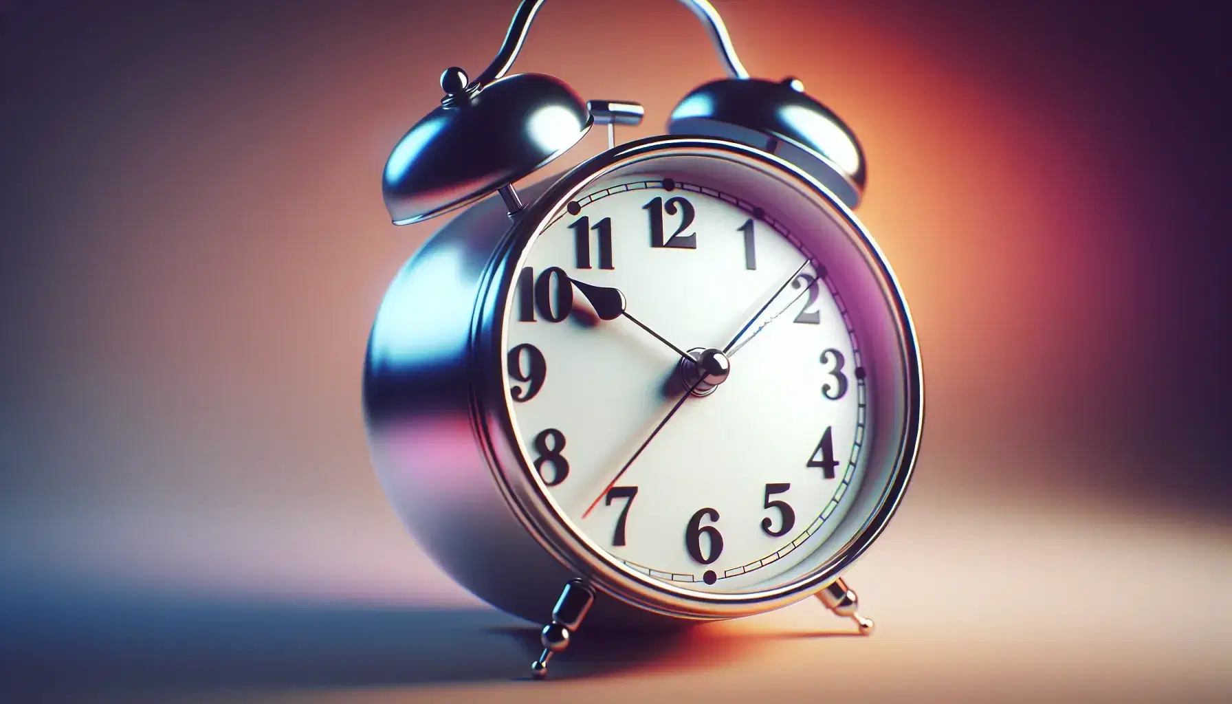 Traditional silver analog alarm clock showing 7 o'clock with twin bells and a soft gradient background from peach to lavender.