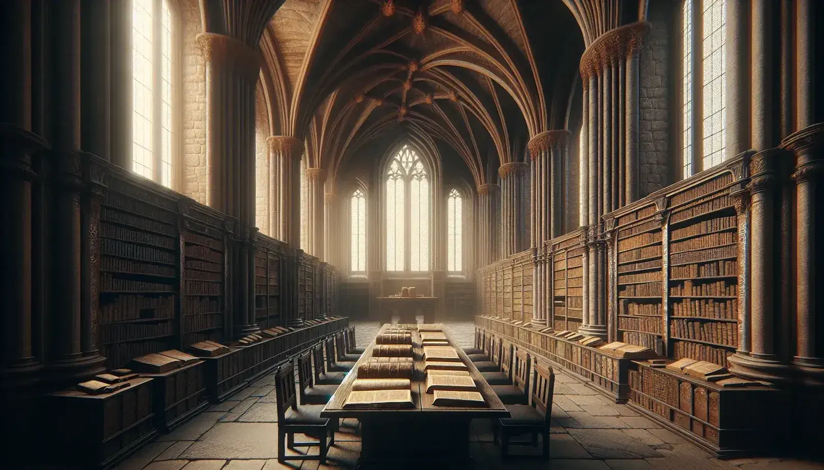 Interno di una biblioteca monastica antica con soffitti a volta, tavolo lungo con manoscritti, scaffali di libri e monaco che legge.