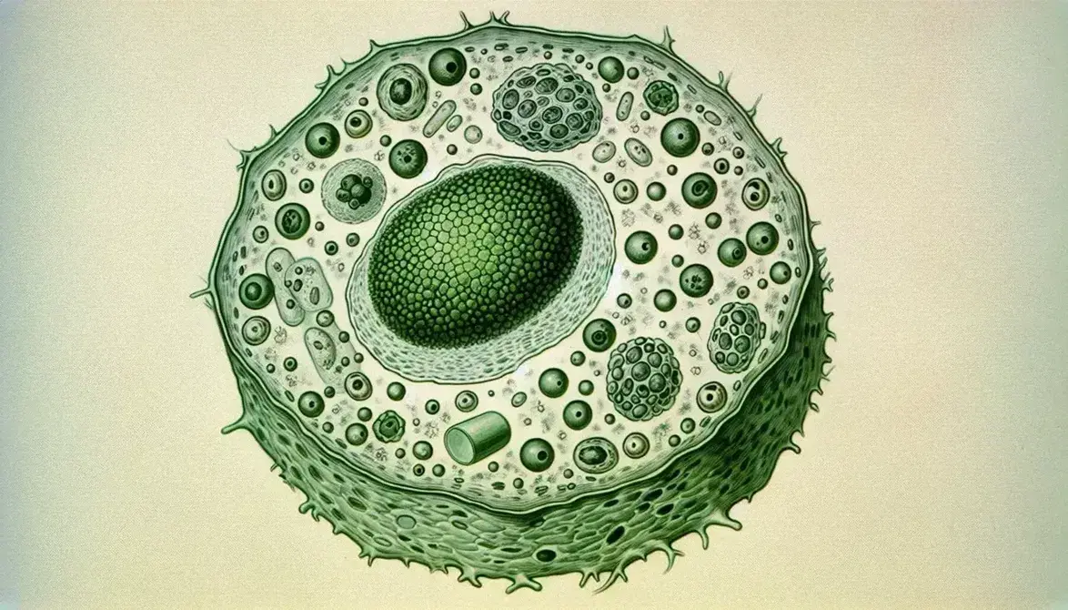 Plant cell under microscope with cell wall, dark green oval nucleus, nucleolus, light green cytoplasm, chloroplasts, vesicles and thin membrane.