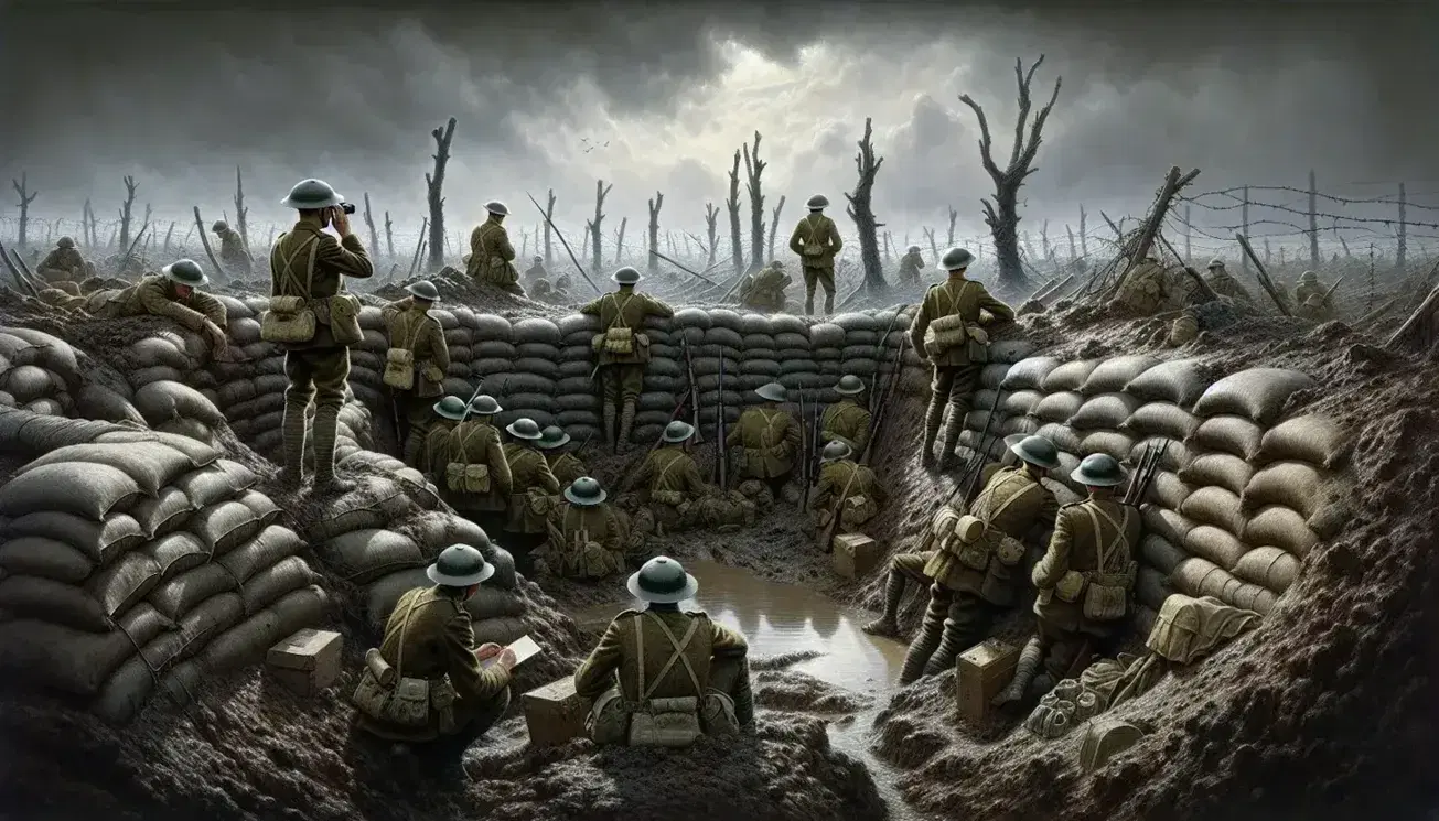 Soldati britannici in trincea fangosa con elmetti, sacchi di sabbia e reti metalliche, sotto cielo nuvoloso della prima guerra mondiale.