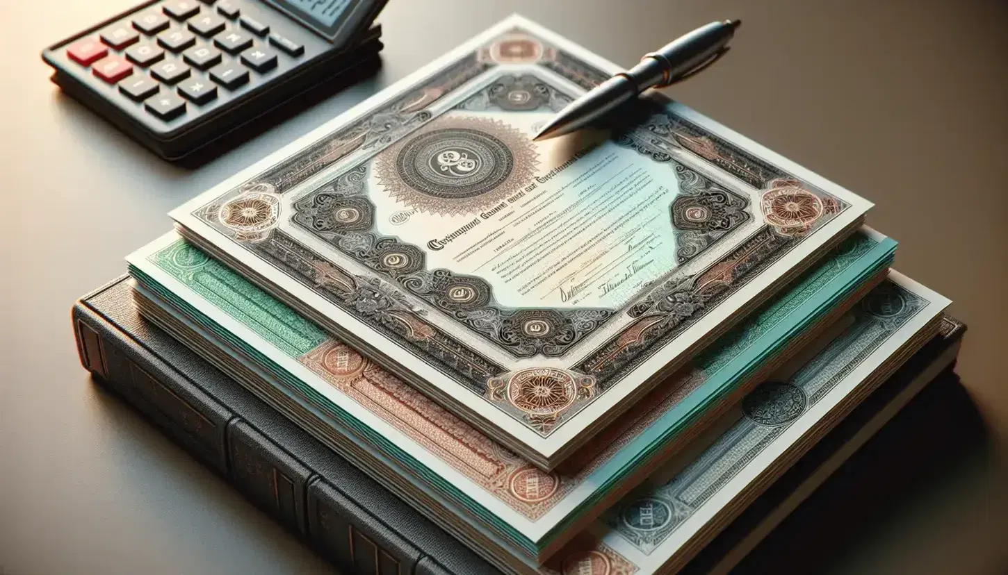 Stacked bond certificates with intricate designs in blue, green, and burgundy, beside a modern calculator and a silver pen on a leather ledger.