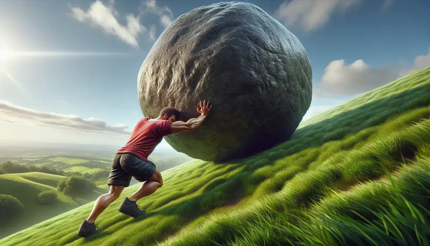 Person exerting effort to push a heavy boulder up a steep, grassy hill under a clear blue sky, symbolizing determination and challenge.