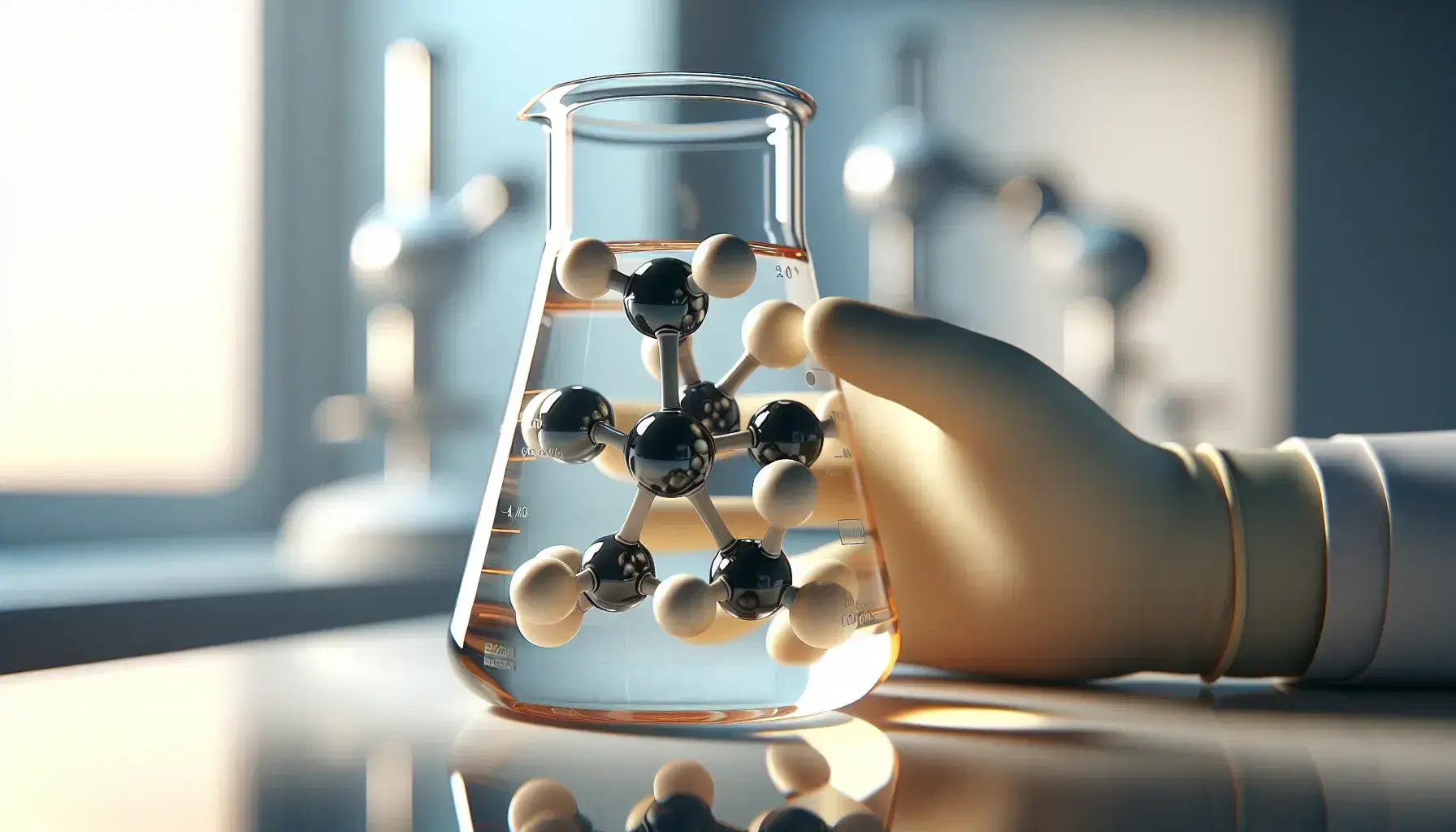 Organic molecular model held with latex gloves in glass beaker with amber liquid, blurred laboratory background.