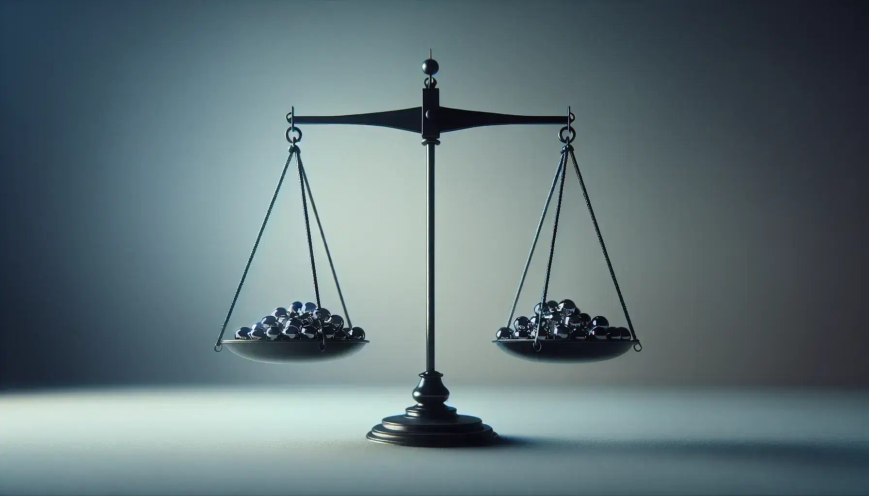 Balanza de dos platos en equilibrio con esferas metálicas idénticas reflejando luz sobre fondo degradado sin distracciones visuales.