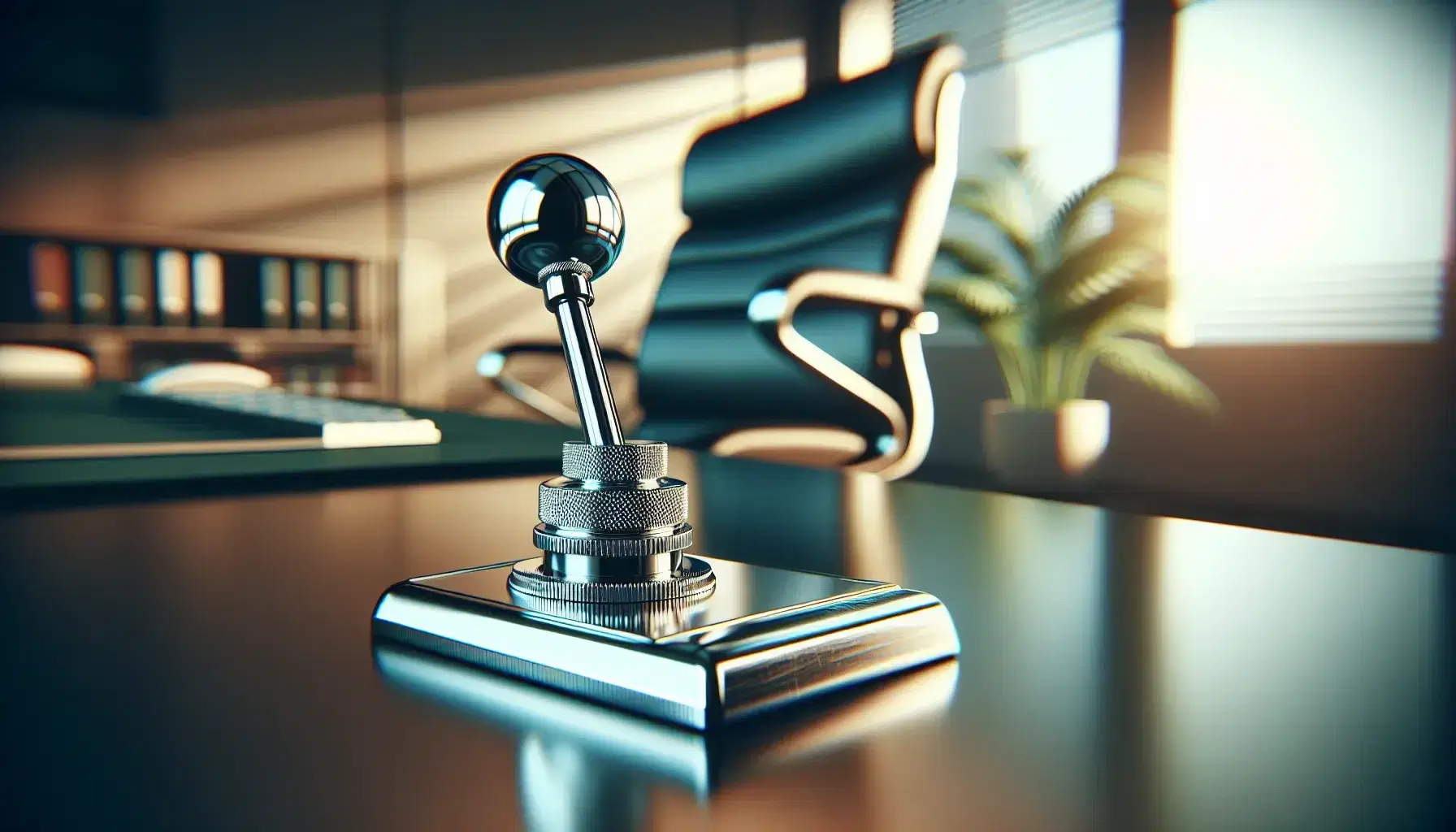 Close-up view of a polished silver mechanical lever with a spherical knob, casting a shadow in a softly blurred office background.