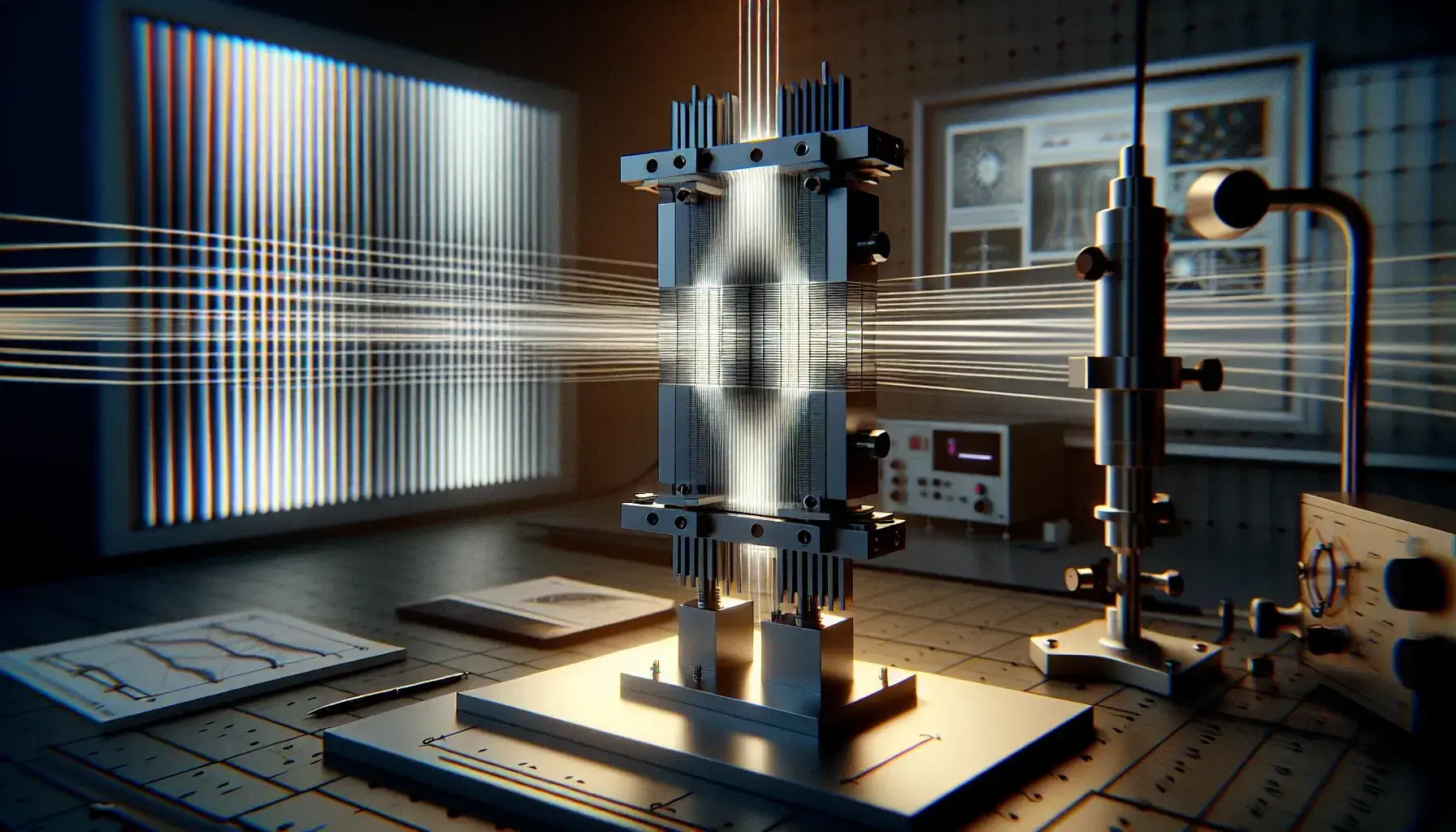 Laboratory double-slit experiment setup with coherent light source, panel with slits and screen showing interference fringes.