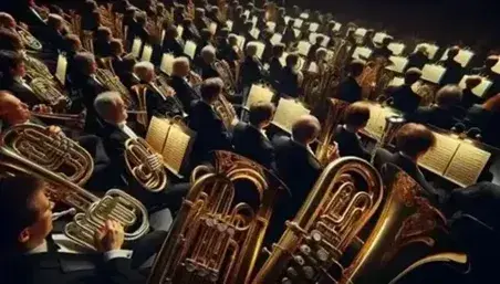 Orchestra sinfonica in esecuzione con enfasi sui fiati, tra cui ottoni lucenti e legni scuri, in abiti formali sotto luce soffusa.