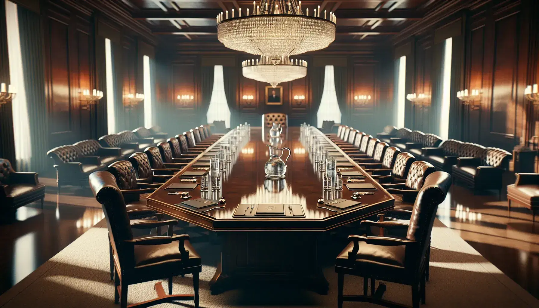 Elegant diplomatic meeting room with large oval wooden table, high-backed leather chairs, crystal chandeliers, and two unmarked flags.