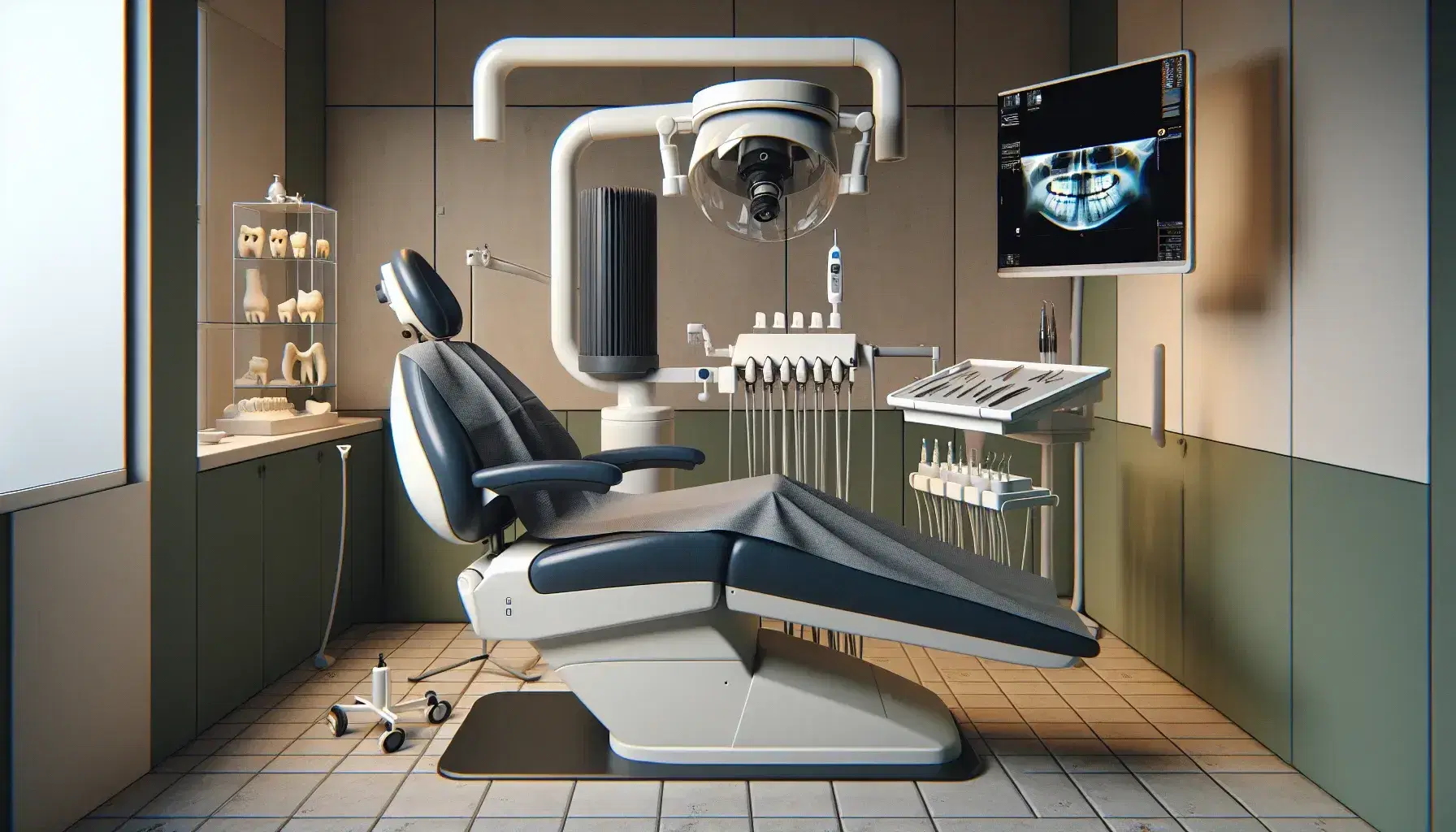 Sala radiologia dentale con sedia blu, paziente in grembiule piombo, braccio meccanico con dispositivo radiografico e monitor con radiografia.