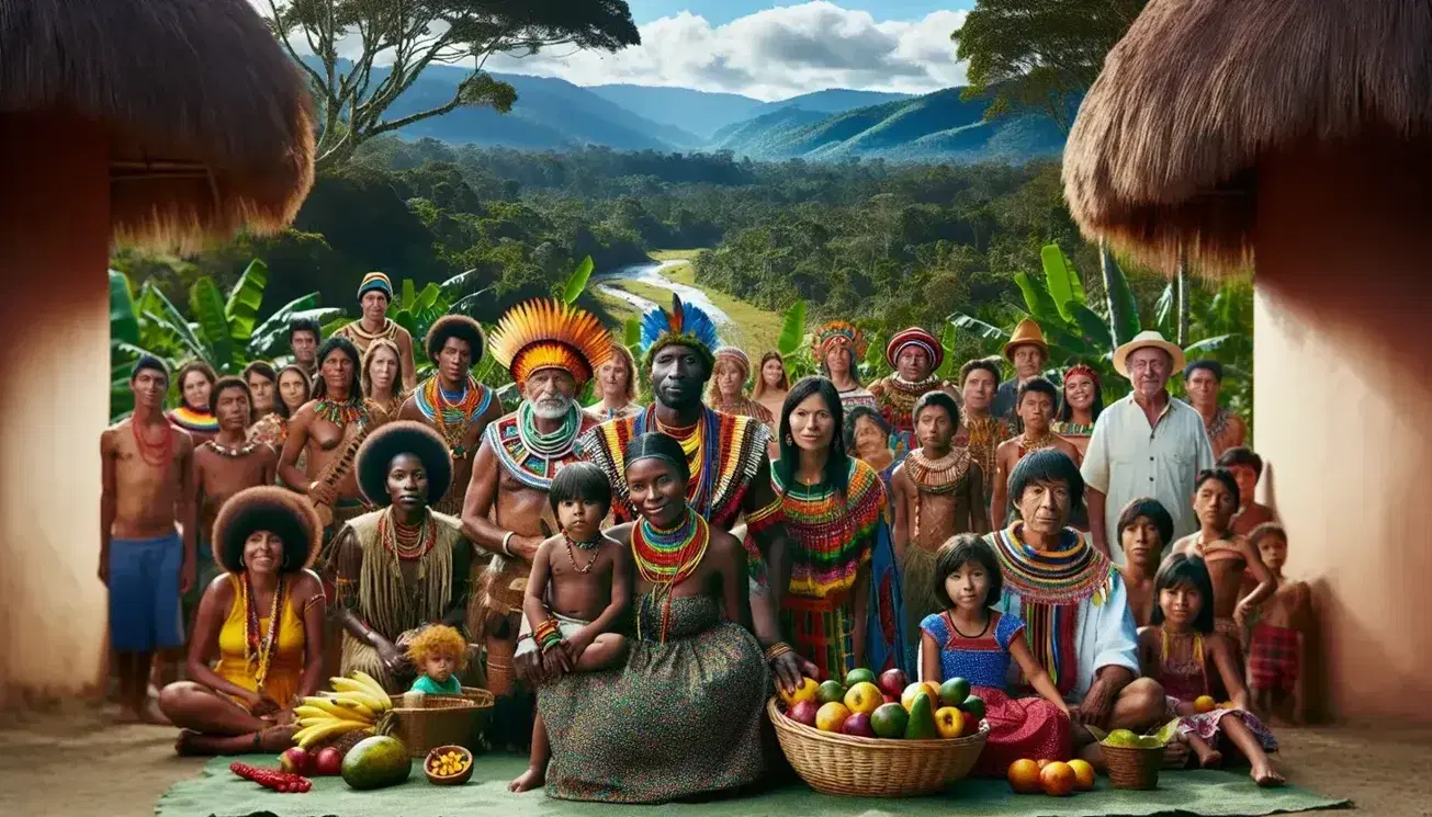 Grupo diverso de personas con vestimenta tradicional en paisaje natural colombiano, destacando indígenas, afrocolombianos, frutas tropicales y un tambor artesanal.