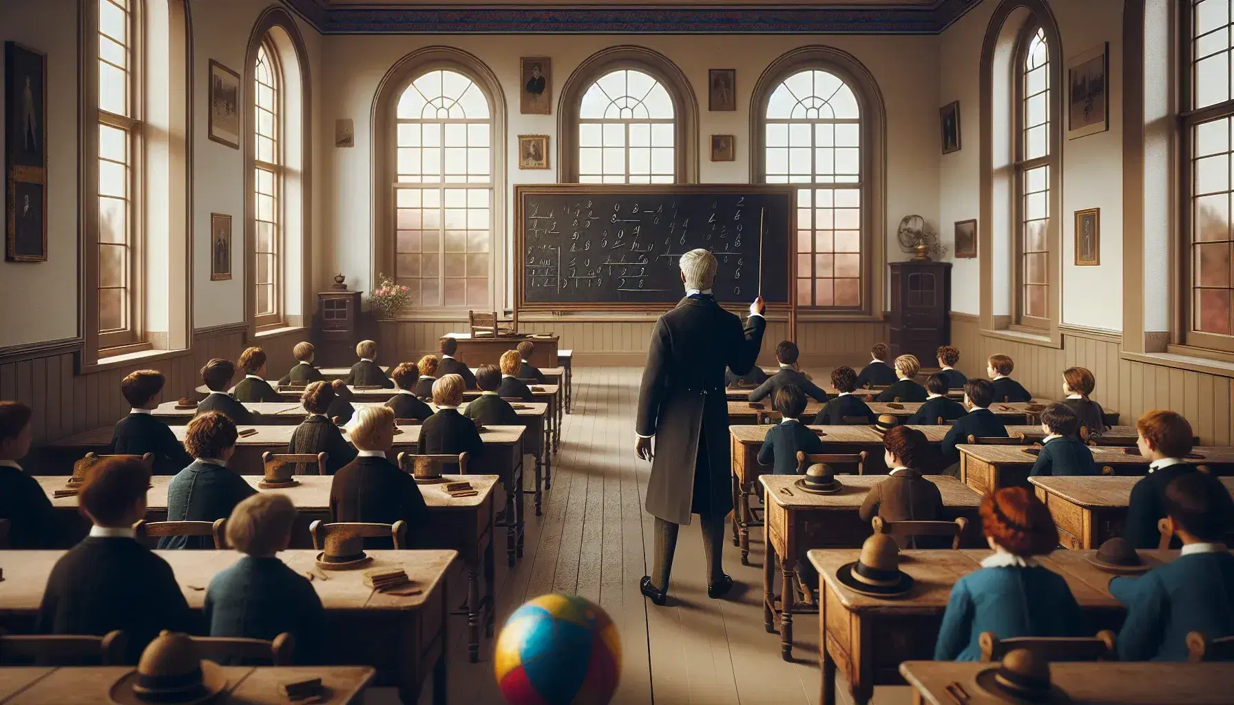 Aula vintage de principios del siglo XX con paredes crema, grandes ventanas y pupitres de madera, un profesor explicando en la pizarra y niños atentos, mariposa colorida en primer plano.