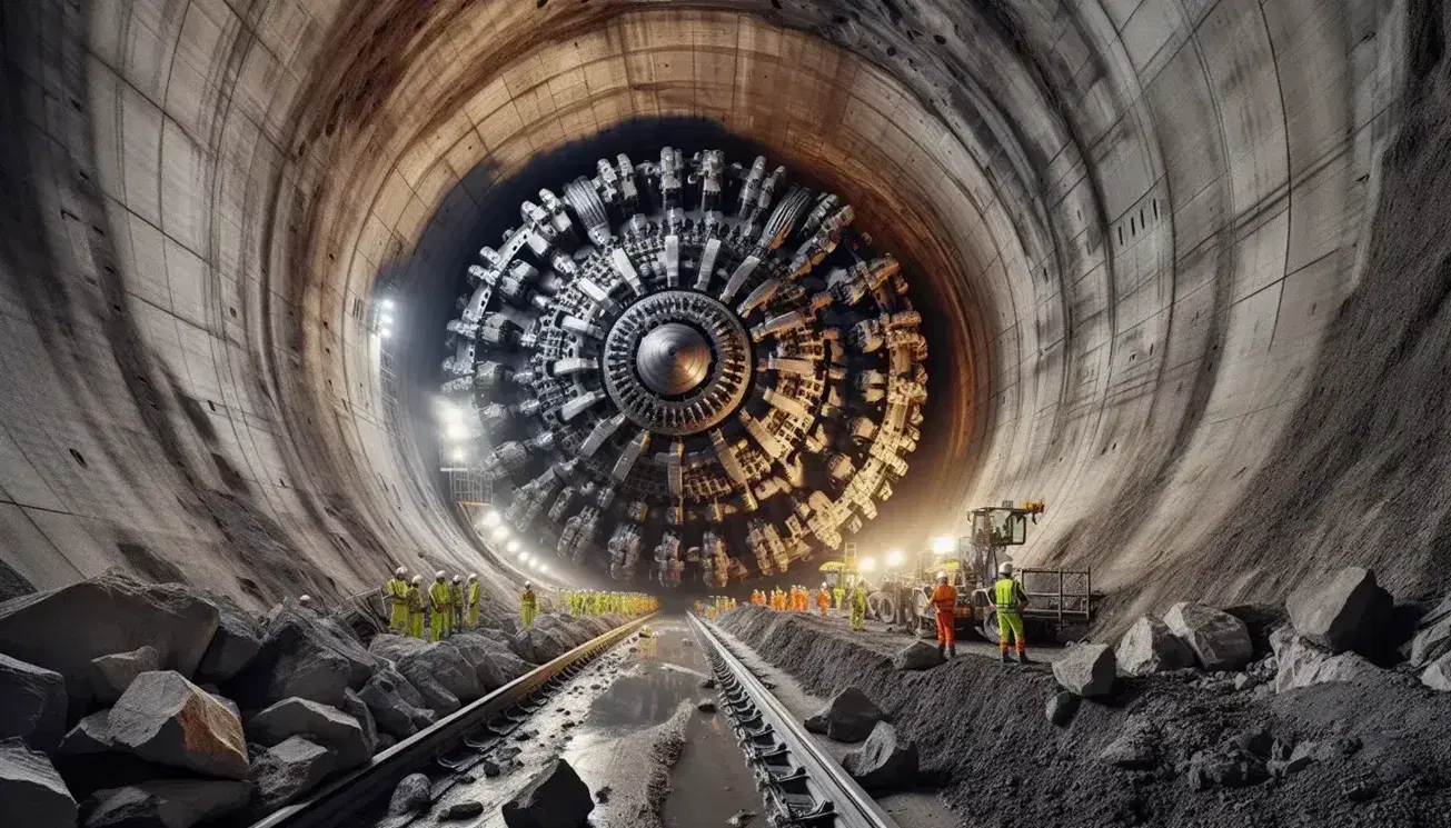 Vista interior de un túnel en construcción con una máquina perforadora y trabajadores con cascos y chalecos reflectantes entre estructuras metálicas de soporte.