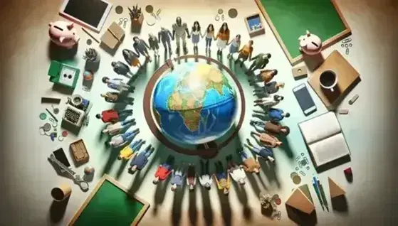 Diverse group holding hands in a circle around a globe, with a piggy bank, open book, and chalkboard nearby, symbolizing unity and education.