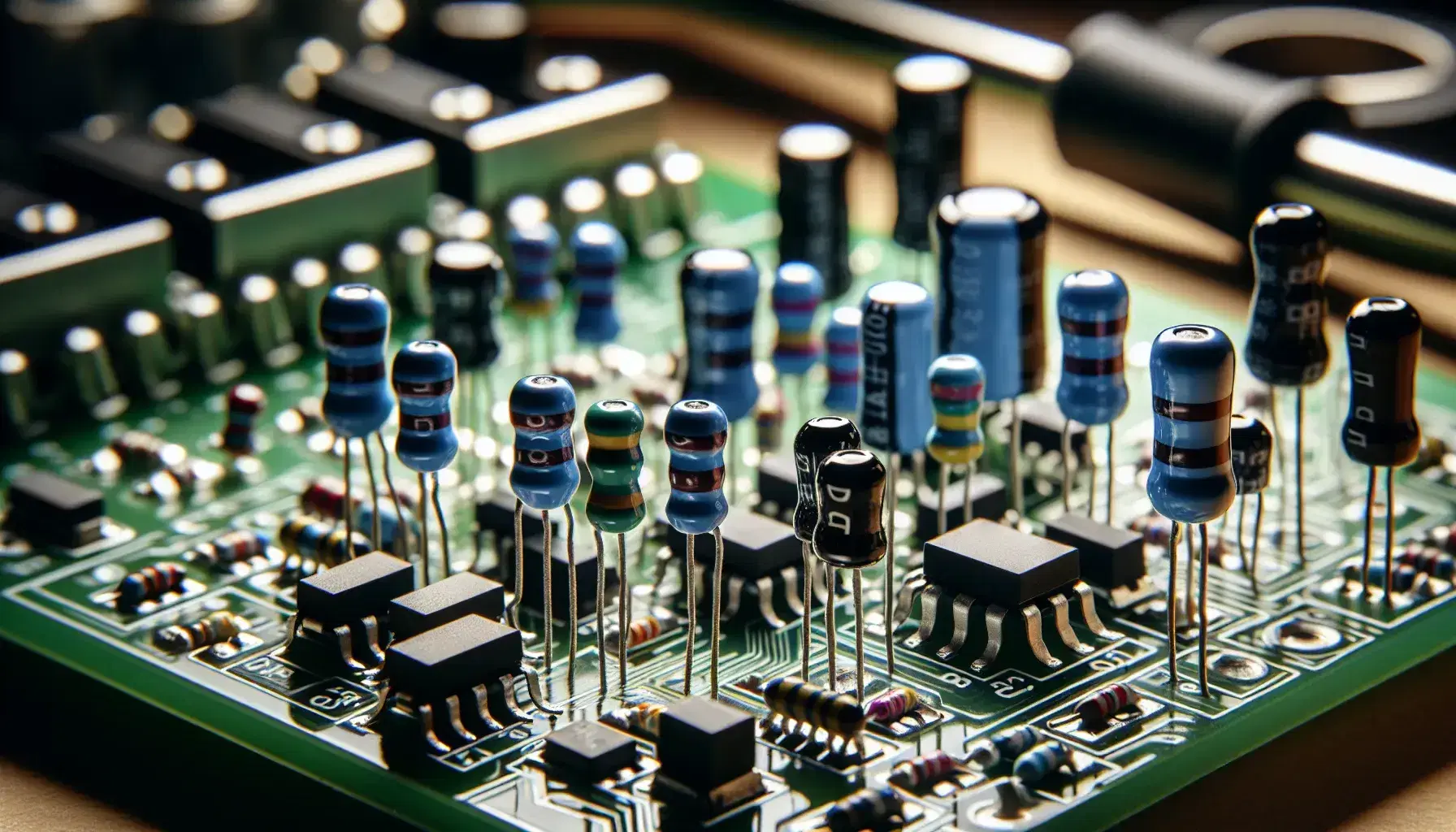 Close-up of a populated PCB with resistors, capacitors, diodes, and integrated circuits, soldered on a green board with copper traces, workbench background.