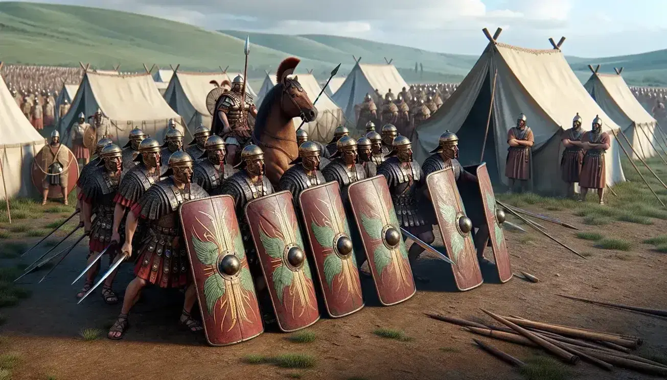 Legionari romani in formazione testuggine con scudi rossi e armature, cavaliere armato su cavallo, tende da campo e colline verdi sullo sfondo.