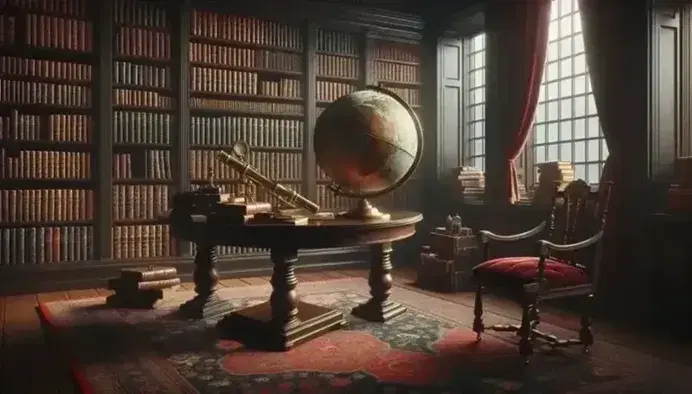 Biblioteca antigua con estanterías de madera oscura llenas de libros encuadernados en cuero, mesa con globo terráqueo y telescopio de latón, silla con cojín de terciopelo rojo y alfombra persa.